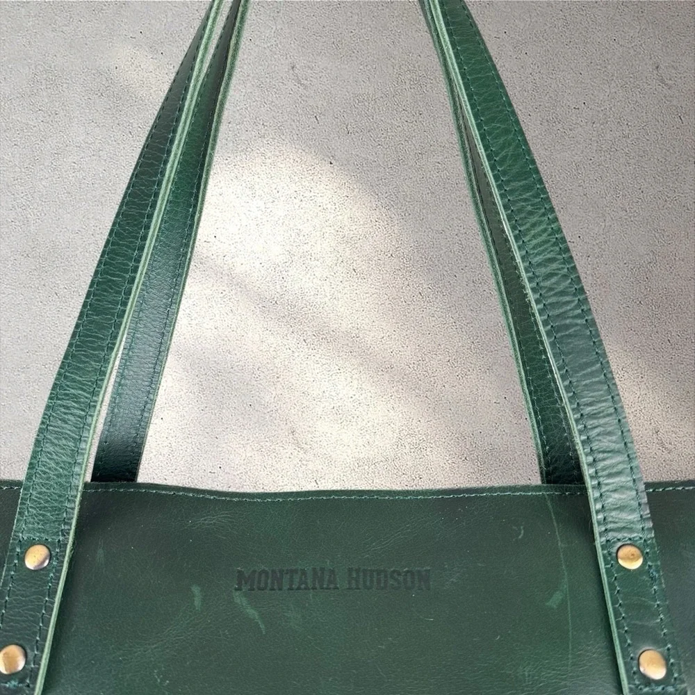 Montana Hudson‎ Eva Leather Green Zip Tote Laptop Bag w/ Shoulder Strap